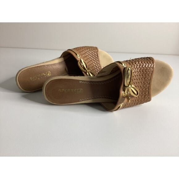 Sperry Espadrille Woman’s Tan/Brown Platform Wedges Leather Weave Gold Tone 8.5 - Picture 3 of 7